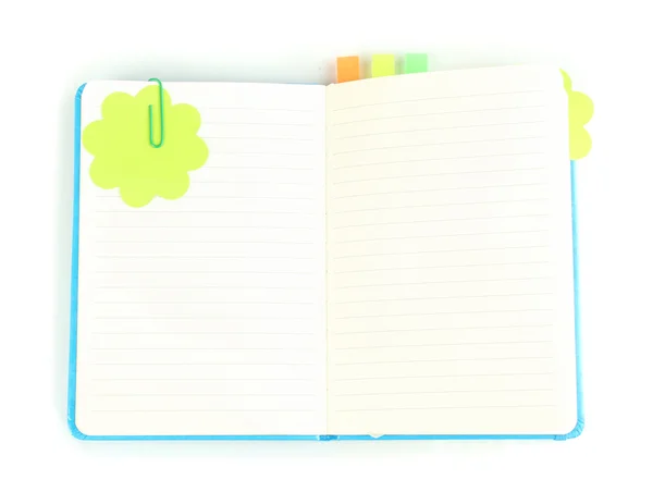 Open note book with stickies isolated on white — Stock Photo, Image