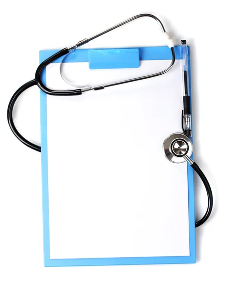 Stethoscope and blue clipboard isolated on white Stock Picture
