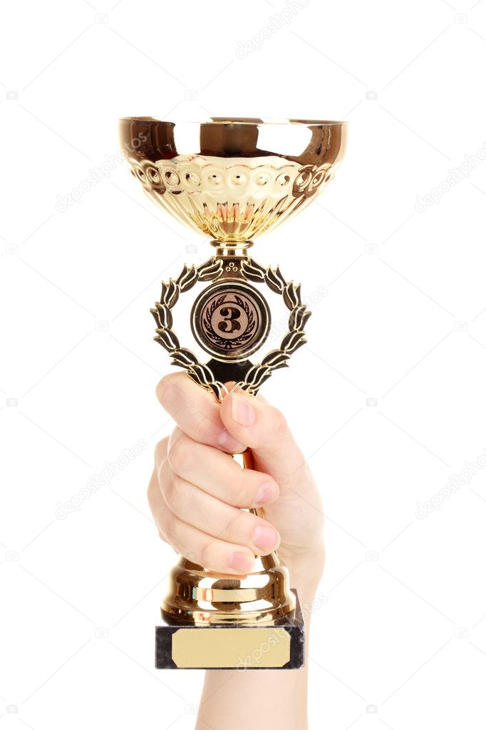 Trophy cup in hand isolated on white