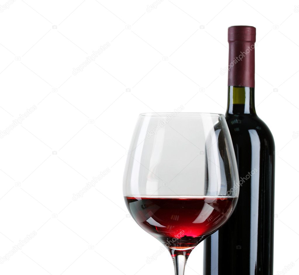 Bottle of great wine and wineglass isolated on white