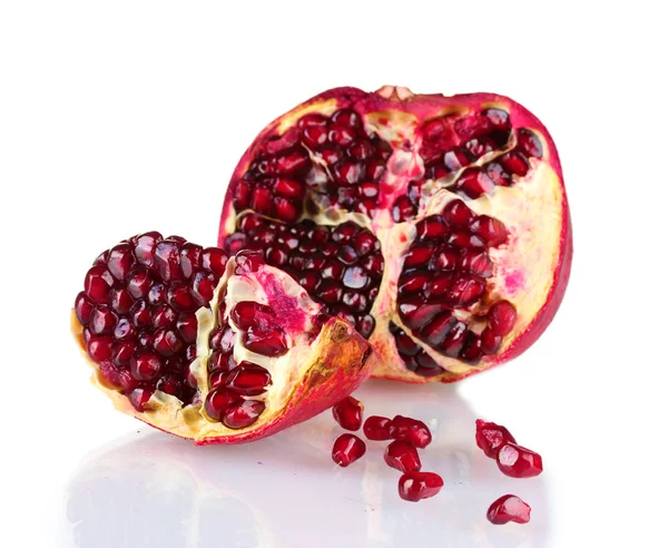 Ripe pomegranate fruit with leaves isolated on white — Stock Photo, Image