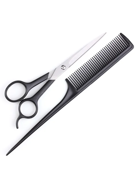 Saç kesme makası ve üzerinde beyaz izole tarak — Stok fotoğraf