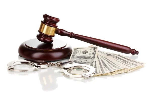 stock image Dollar banknotes, handcuffs and judge's gavel isolated on white