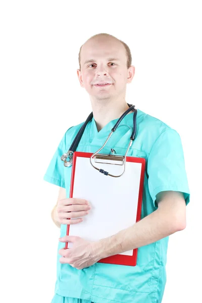 Genç doktor adam stetoskop ve üzerinde beyaz izole Pano — Stok fotoğraf