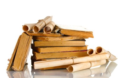 Pile of old books and scroll isolated on white clipart
