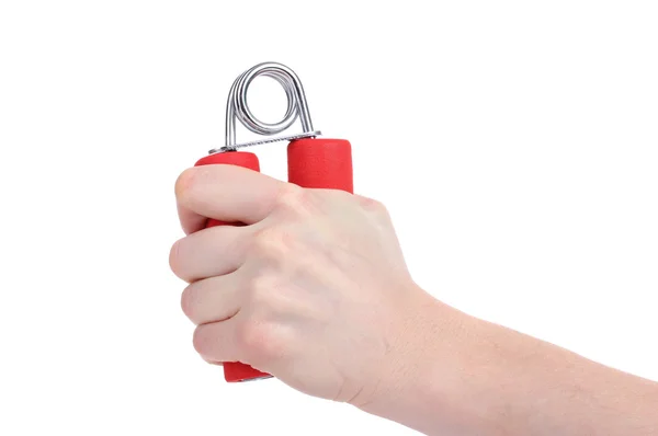 Roter Handtrainer in der Hand isoliert auf weiß — Stockfoto