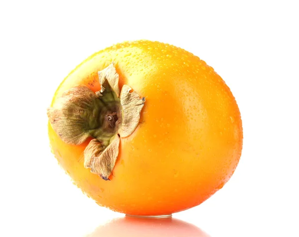 Smakelijk persimmon met druppels geïsoleerd op wit — Stockfoto