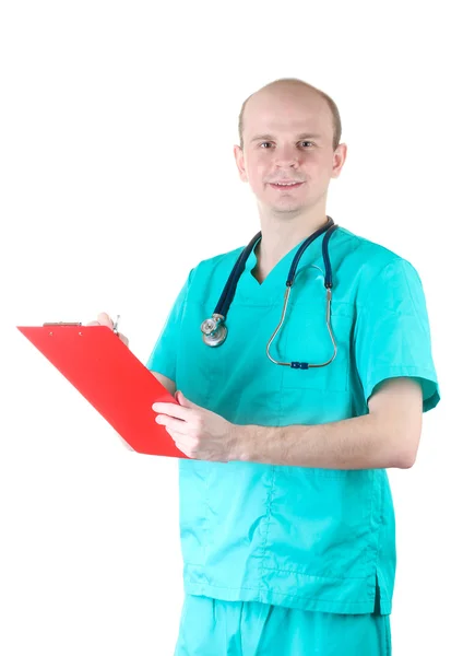 Young doctor man with stethoscope and clipboard isolated on white — Stock Photo, Image