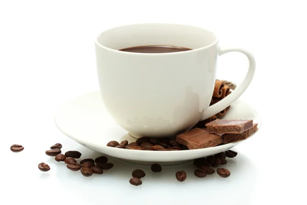 Cup of coffee, beans and chocolate isolated on white — Stock Photo, Image