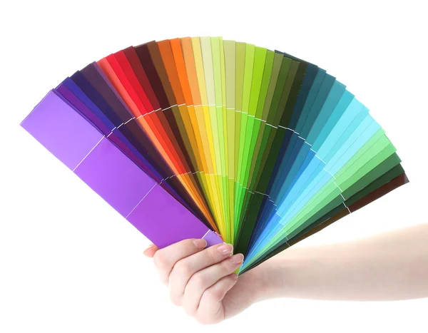 Ruka držící světlé paletu barev, izolované na bílém — Stock fotografie