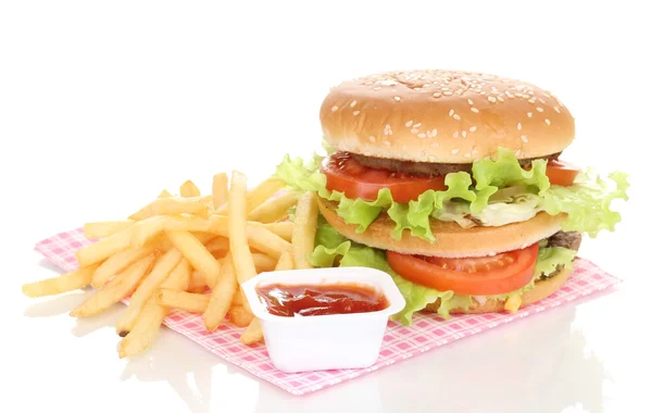 Big and tasty hamburger and fried potatoes isolated on white — Stock Photo, Image