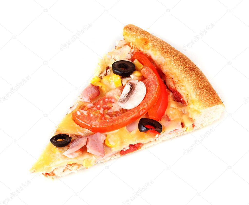 Slice of pizza close-up isolated on white