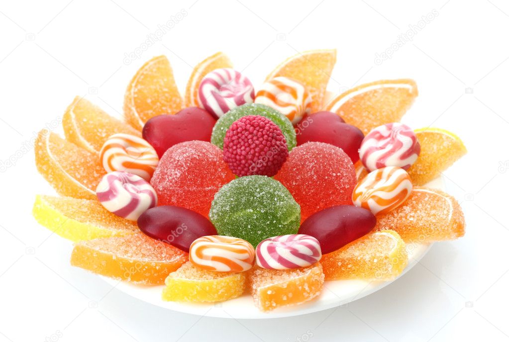 Colorful jelly candies on plate isolated on white