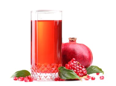 Ripe pomergranate and glass of juice isolated on white clipart