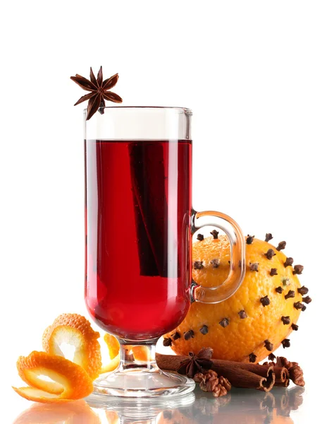 Mulled wine in the glass, spice and orange isolated on white