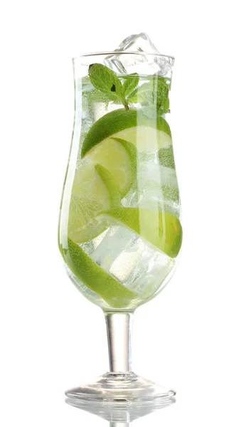 Glass of cocktail with lime and mint isolated on white — Stock Photo, Image