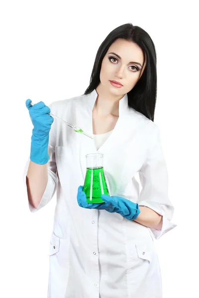 Jonge vrouwelijke wetenschapper houden reageerbuis geïsoleerd op wit — Stockfoto