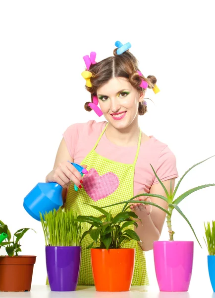 Mooie gelukkig jonge huisvrouw sprays planten in bloempotten geïsoleerd op wit — Stockfoto