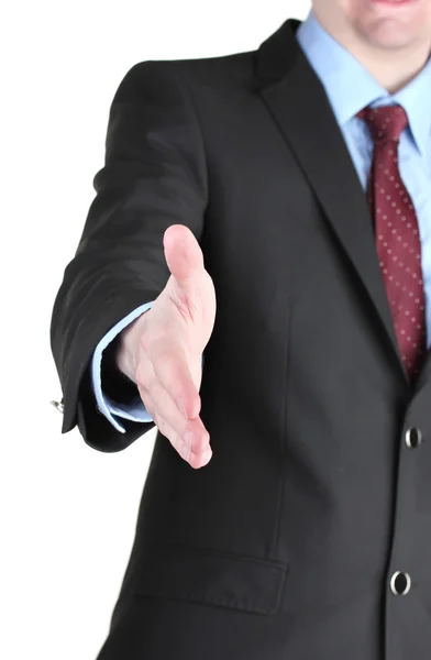 Empresário dando a mão por um aperto de mão isolado no branco — Fotografia de Stock