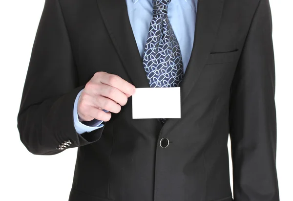 Empresário segurando cartão de crédito isolado em branco — Fotografia de Stock