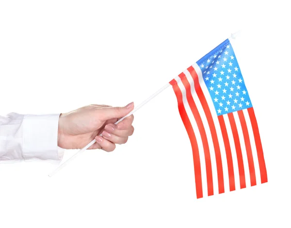 Mão feminina com bandeira americana isolada em branco — Fotografia de Stock