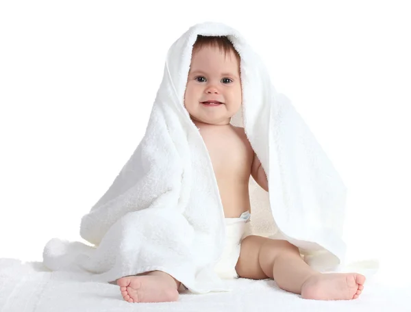 stock image Cute baby girl with towel isolated on white