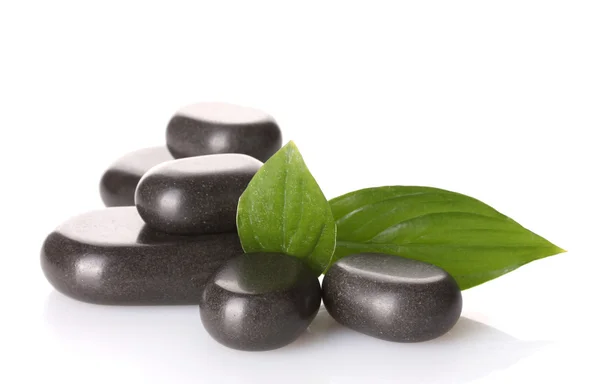 Wellness-Steine und grüne Blätter isoliert auf weiß — Stockfoto