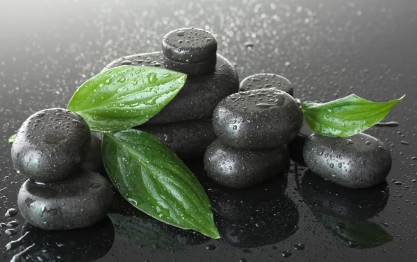 Spa stones with drops and green leaves on grey background — Stock Photo, Image