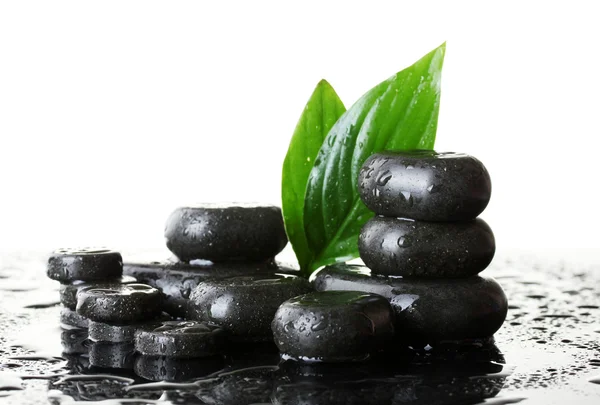 Wellness-Steine mit Tropfen und grünen Blättern auf weißem Hintergrund — Stockfoto