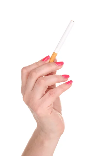 Sigaretta in femmina isolata a mano su bianco — Foto Stock