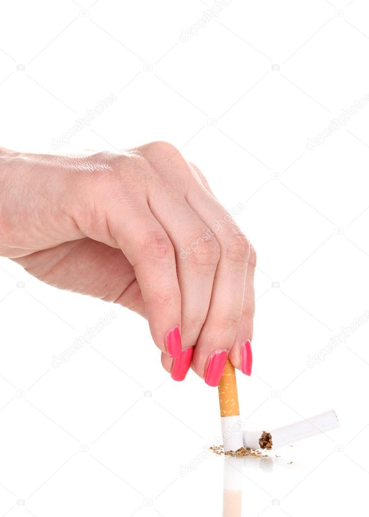 Putting out cigarette butt isolateed on white