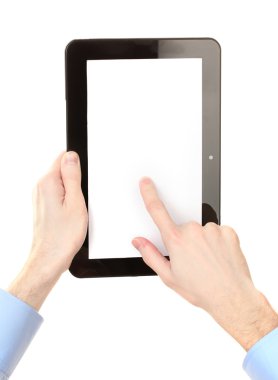 erkek bir tablet üzerinde beyaz izole tutan eller