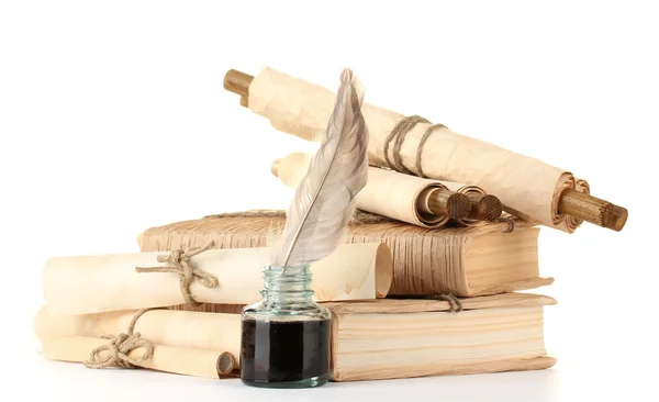 Libri antichi, lettere e penna piuma isolata su bianco — Foto Stock
