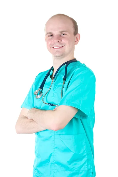 Joven doctor hombre con estetoscopio aislado en blanco —  Fotos de Stock