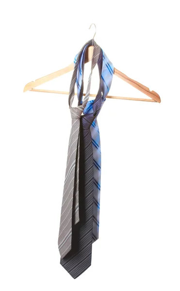 Bright ties on wooden hanger isolated on white — Stock Photo, Image