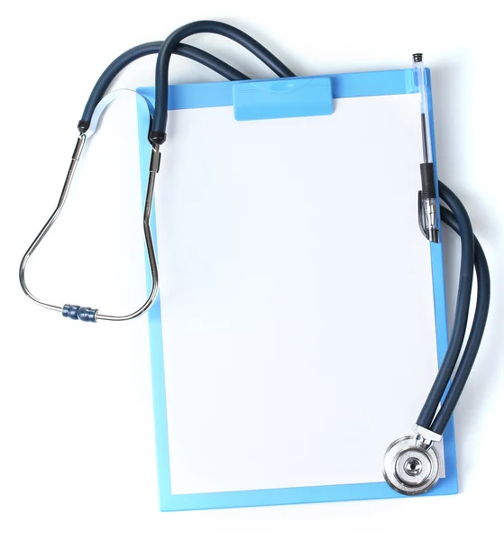 Stethoscope and blue clipboard isolated on white Stock Photo