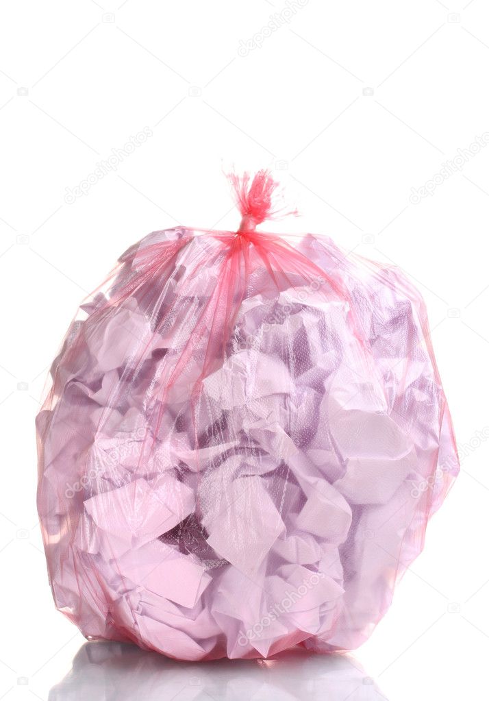 Red garbage bag with trash isolated on white