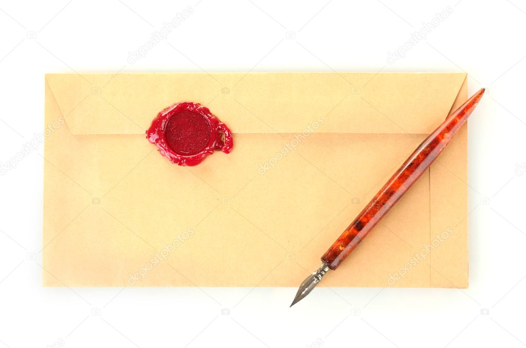 Ink pen and old letter isolated on white
