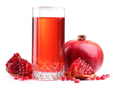 Ripe pomergranate and glass of juice isolated on white clipart