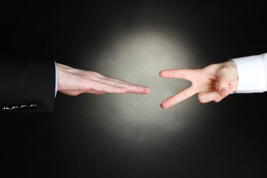 Man and woman hands with thumbs up ok signal on black background. Stone, Paper, Scissors clipart