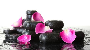 Spa stones with drops and rose petals on white background