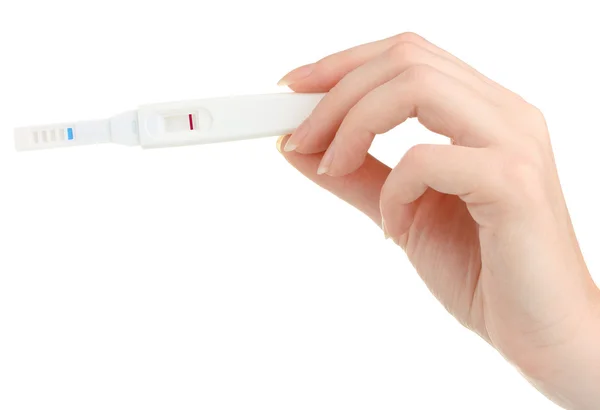 Těhotenský test v ruce izolovaných na bílém — Stock fotografie