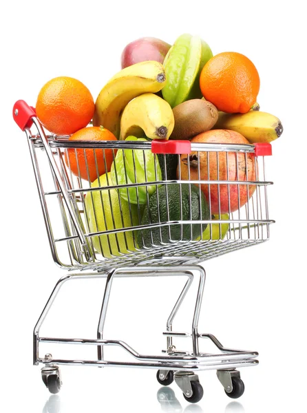 Bevásárlókosár elszigetelt fehér egzotikus gyümölcsök széles választékát — Stock Fotó