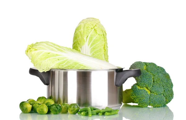 Saucepan with cabbages and broccoli isolated on white — Stock Photo, Image