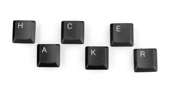 Tasti della tastiera dicendo hacker isolato su bianco — Foto Stock