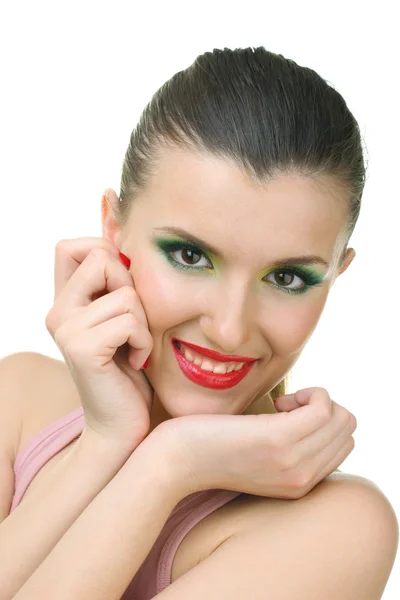 Portrait of sexy young woman with glamour make up and red manicure — Stock Photo, Image