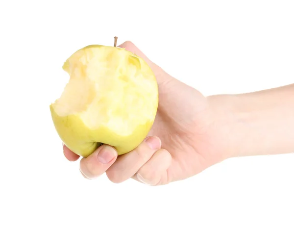 Manzana mordida verde en mano aislada en blanco —  Fotos de Stock