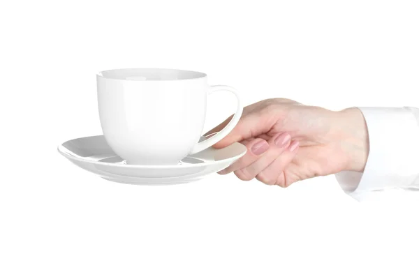 Woman hand with cup of coffee isolated on white Royalty Free Stock Photos