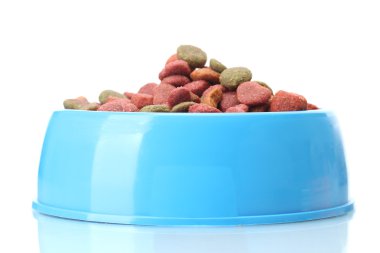 Dry dog food in blue bowl isolated on white clipart