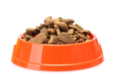 Dry dog food in orange bowl isolated on white clipart